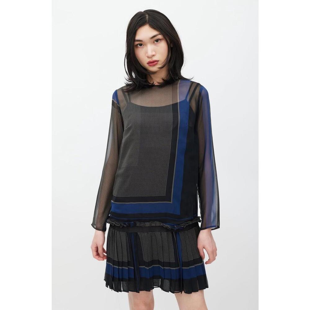 Sacai Grey & Navy Geometric Pleated Dress Lined JP1 Euc US2/4